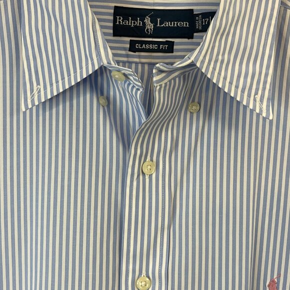 Ralph Lauren Blue & White Striped Button-Up Long Sleeve Shirt Mens L Classic Fit - Picture 8 of 14